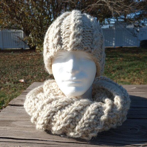 Womens Handmade Alpaca Beanie Hat and Scarf Set Beige Cable Knit Chunky Combo main image 6